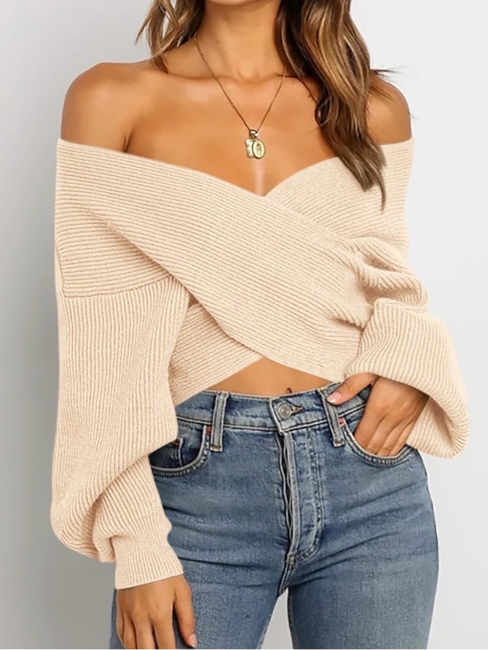 NWOT Amazon Cream Ribbed Cropped Wrap Lantern Sleeve Sweater | L